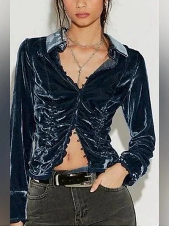 Free People So Julia Velvet Top in Varsity Navy in small reg $148 - Picture 2 of 9